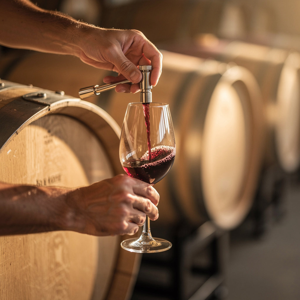 Barnwood Vineyards winemaking process showing traditional fermentation and aging in oak barrels